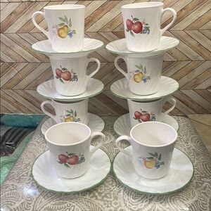 Set 8 Corelle‎ Corning ware Chutney Fruit Coffee Mugs & saucers Pear Apple USA